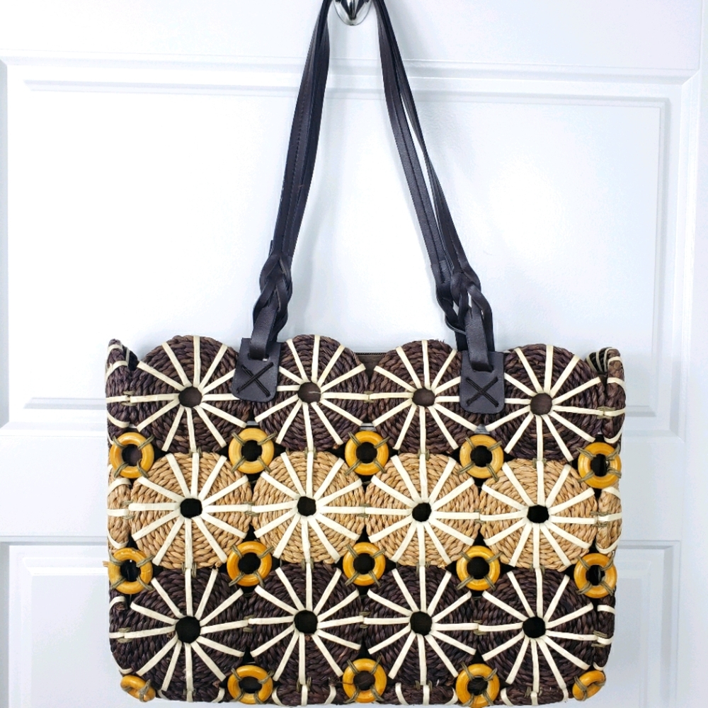 Boho Chic Straw and Wood Shoulder Bag